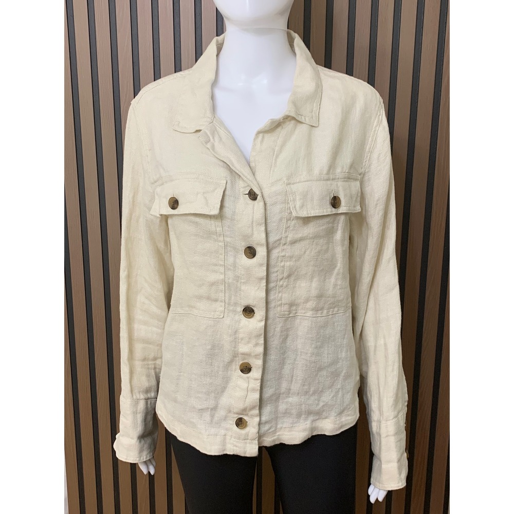 Joie Linen Button Down Shirt Cream Off White Long Sleeve Utility Pocket Large